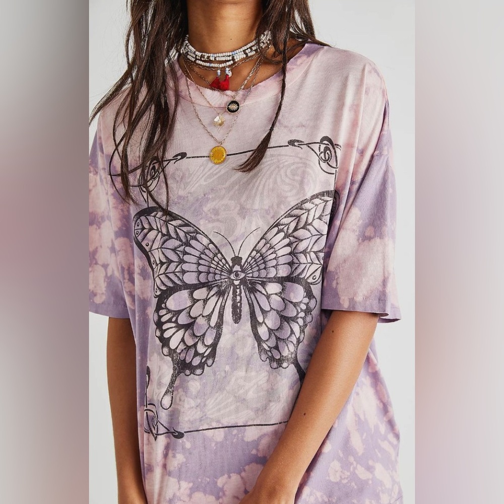 Free People Vintage Souls Washed Butterfly Tie Dye Tee Shirt Purple XS
